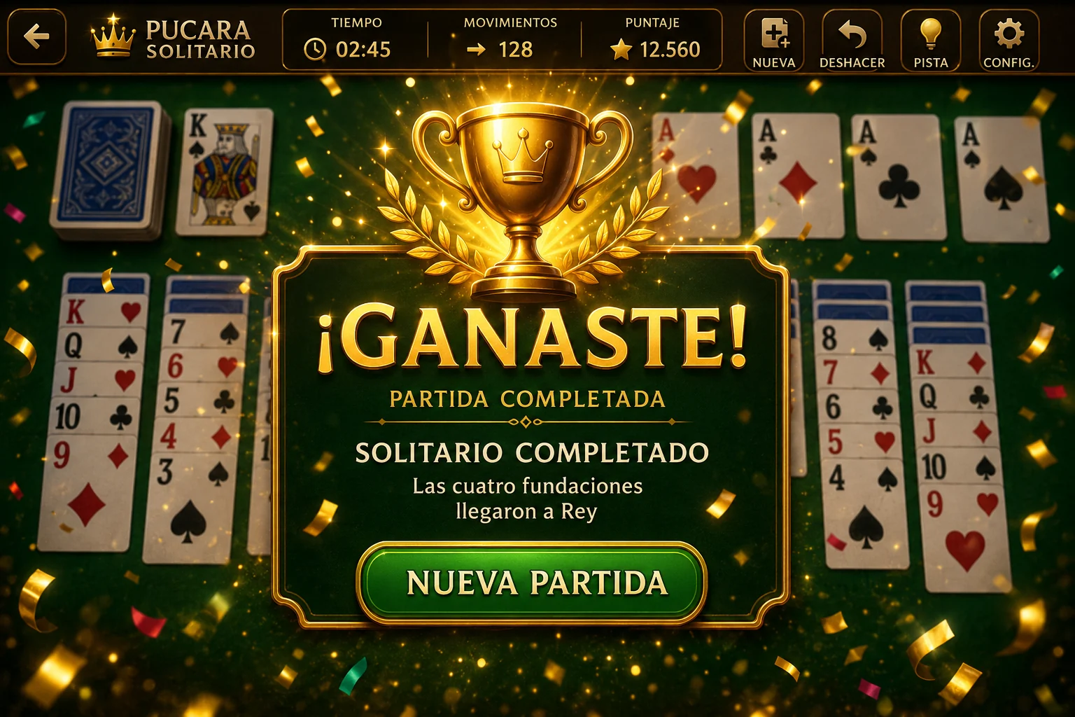 Partida de PUCARÁ Solitario sobre una mesa verde